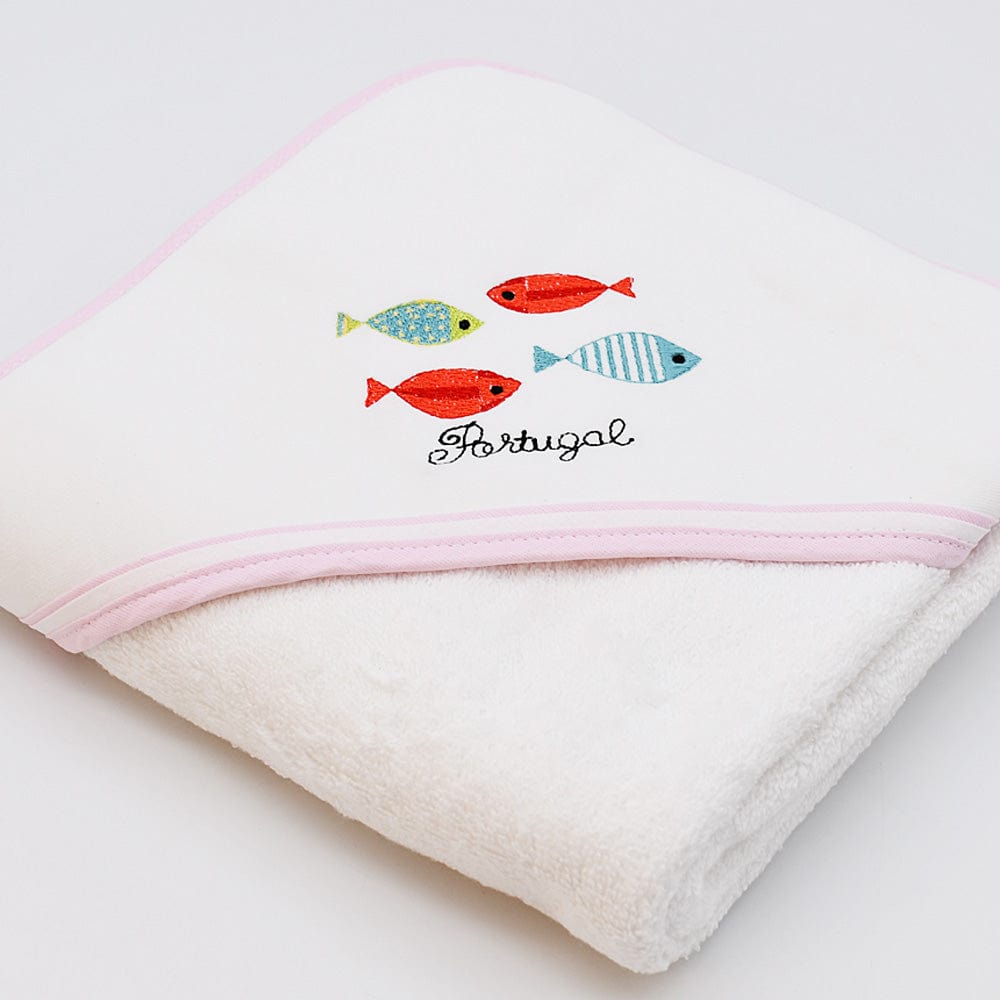 Drap de bain à capuche rose aux motifs sardines portugaises Drap de bain à capuche en coton "Sardinhas" - Rose